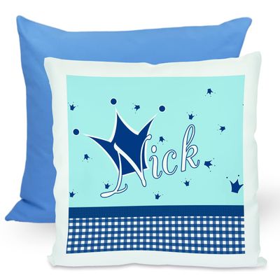 CreaDesign Children's Pillow 40 x 40 cm, Personalized with Name, Feather-Filled Decorative Pillow for Children's Room, Prince/Princess Motif, Light Blue/Blue, Blue Back