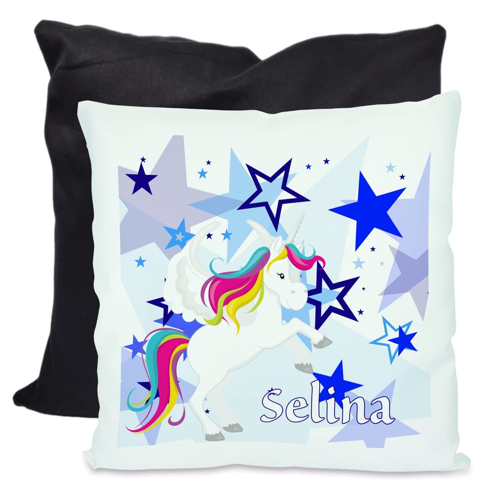 CreaDesign Children's Pillow 40 x 40 cm, Personalized with Name, Unicorn and Blue Stars, Black Back