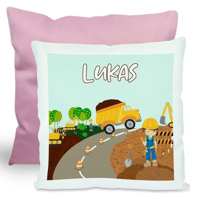 CreaDesign Children's Pillow 40 x 40 cm, Personalized with Name, Construction Site Design, Pink Back