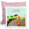 CreaDesign Children's Pillow 40 x 40 cm, Personalized with Name, Construction Site Design, Pink Back view 1