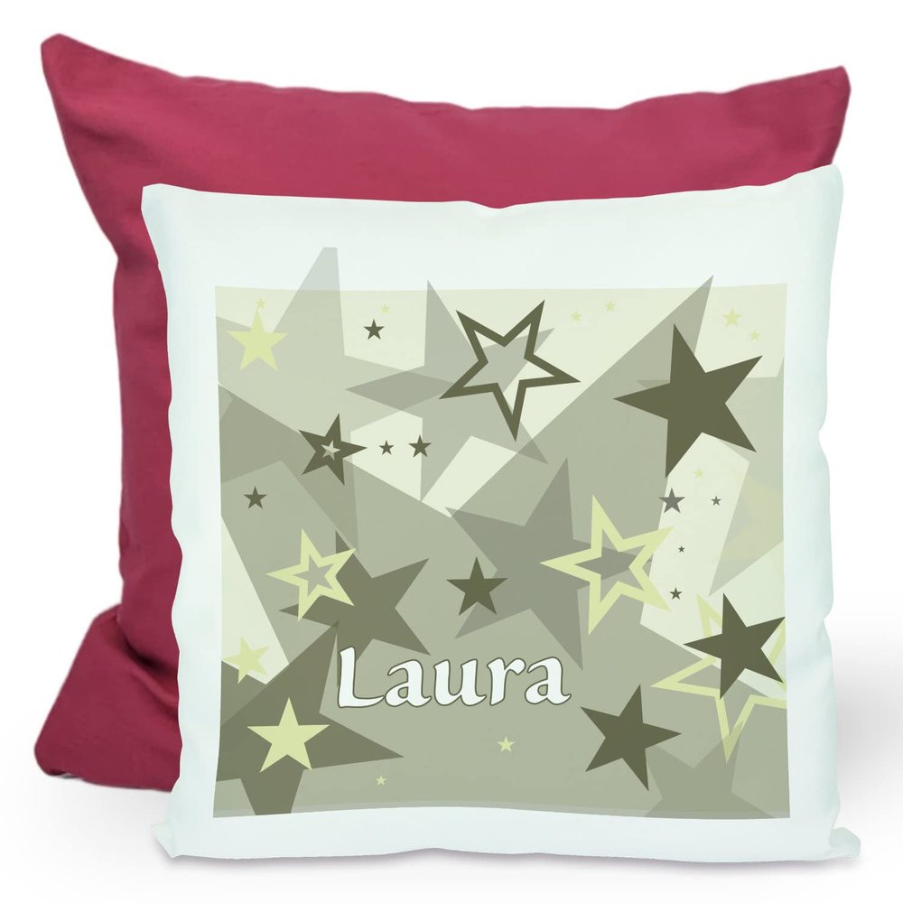 CreaDesign Personalized Children's Pillow 40 x 40 cm with Name, Gray-Beige Stars, Purple Back