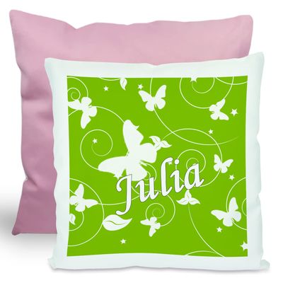 CreaDesign Personalized Children's Cushion 40 x 40 cm with Name, Green Butterfly, Pink Back