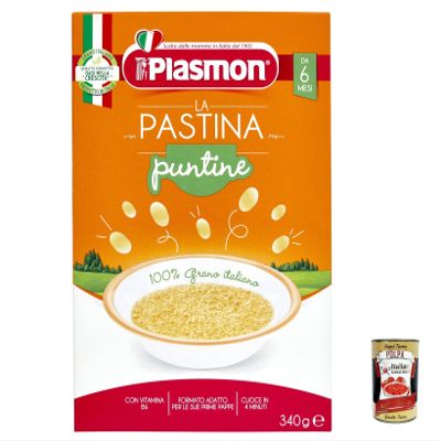 12 x Plasmon Puntine Baby Pasta for Weaning from 6 Months, 340 g + Italian Gourmet Tomato Pulp 400 g