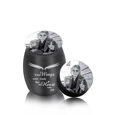 MunkiMix Personalized Small Cremation Ash Holder Stainless Steel Urn with Birthstone Engraving, Photo/Text, for Pet or Human Ashes Memorial (Black & Wing + Fixed Text, Black-and-White)