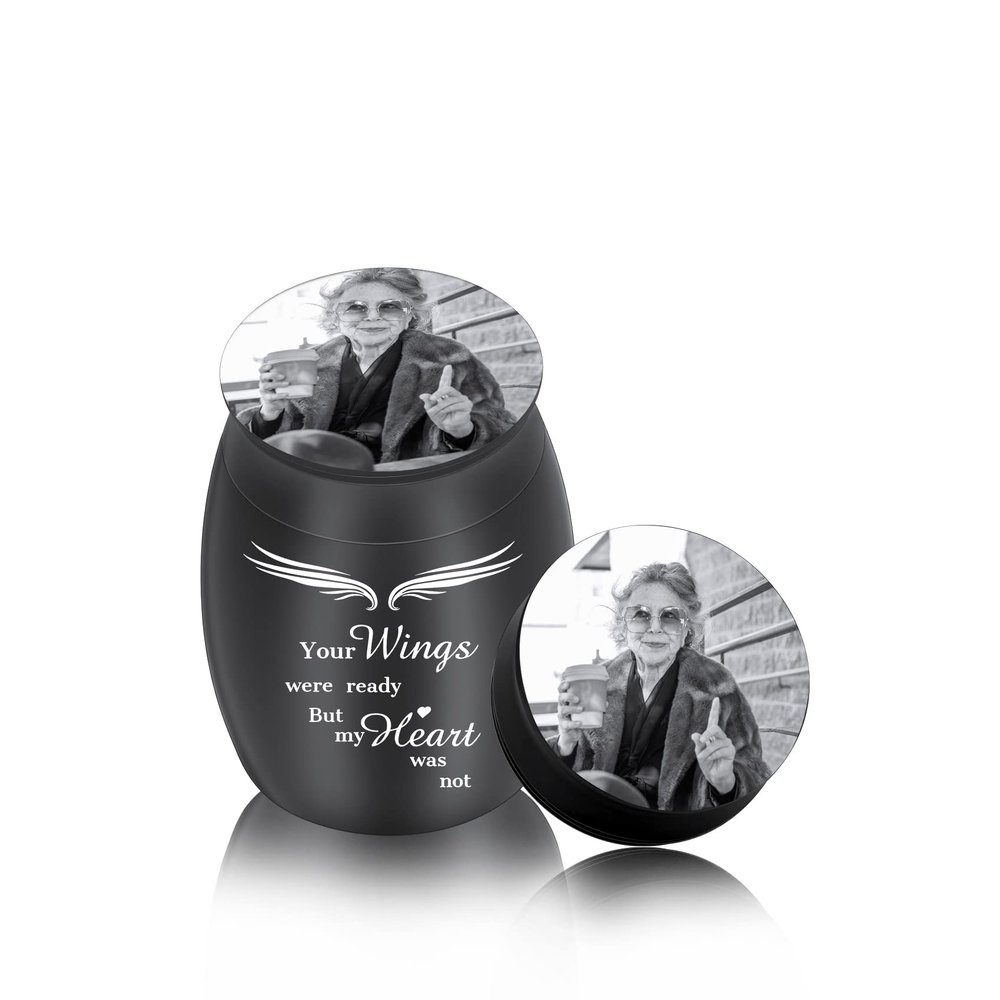 MunkiMix Personalized Small Cremation Ash Holder Stainless Steel Urn with Birthstone Engraving, Photo/Text, for Pet or Human Ashes Memorial (Black & Wing + Fixed Text, Black-and-White)