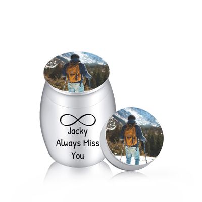 MunkiMix Personalized Mini Stainless Steel Cremation Urn with Birthstone, Photo and Text Engraving