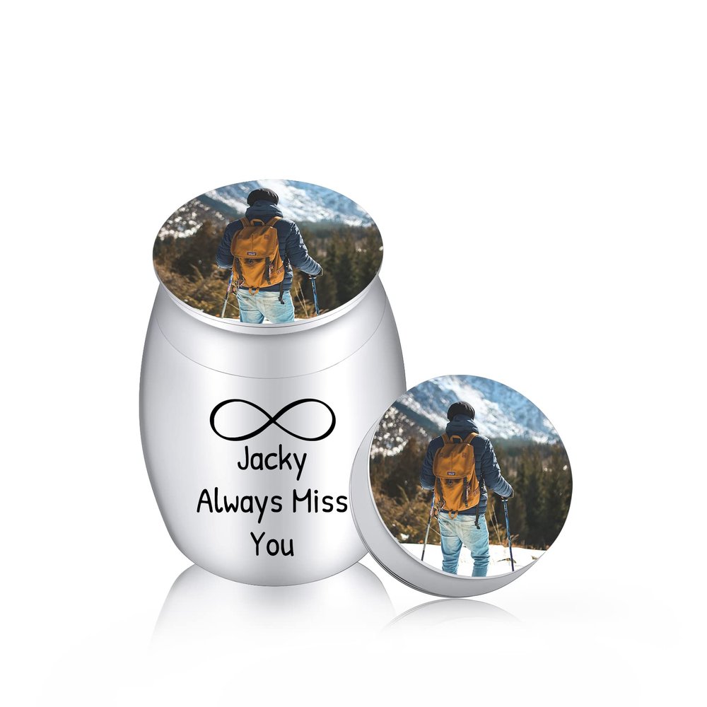 MunkiMix Personalized Mini Stainless Steel Cremation Urn with Birthstone, Photo and Text Engraving