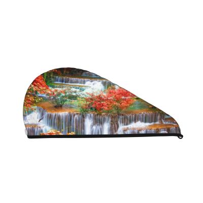 Evealyn Waterfall Autumn Landscape Printed Microfiber Hair Towel with Button