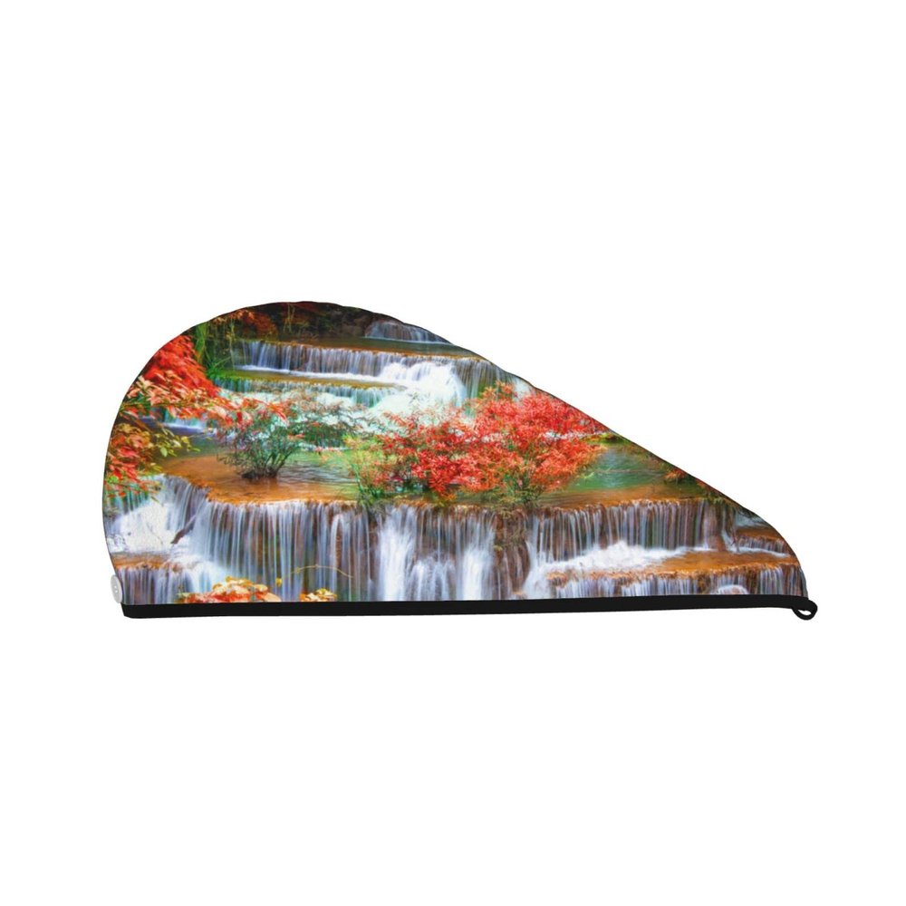 Evealyn Waterfall Autumn Landscape Printed Microfiber Hair Towel with Button