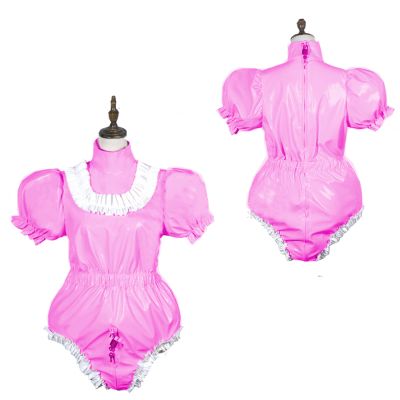 Shiny PVC Short-Sleeve Maid Dress Bodysuit, Lockable, Plus Size, Pink, XXXL