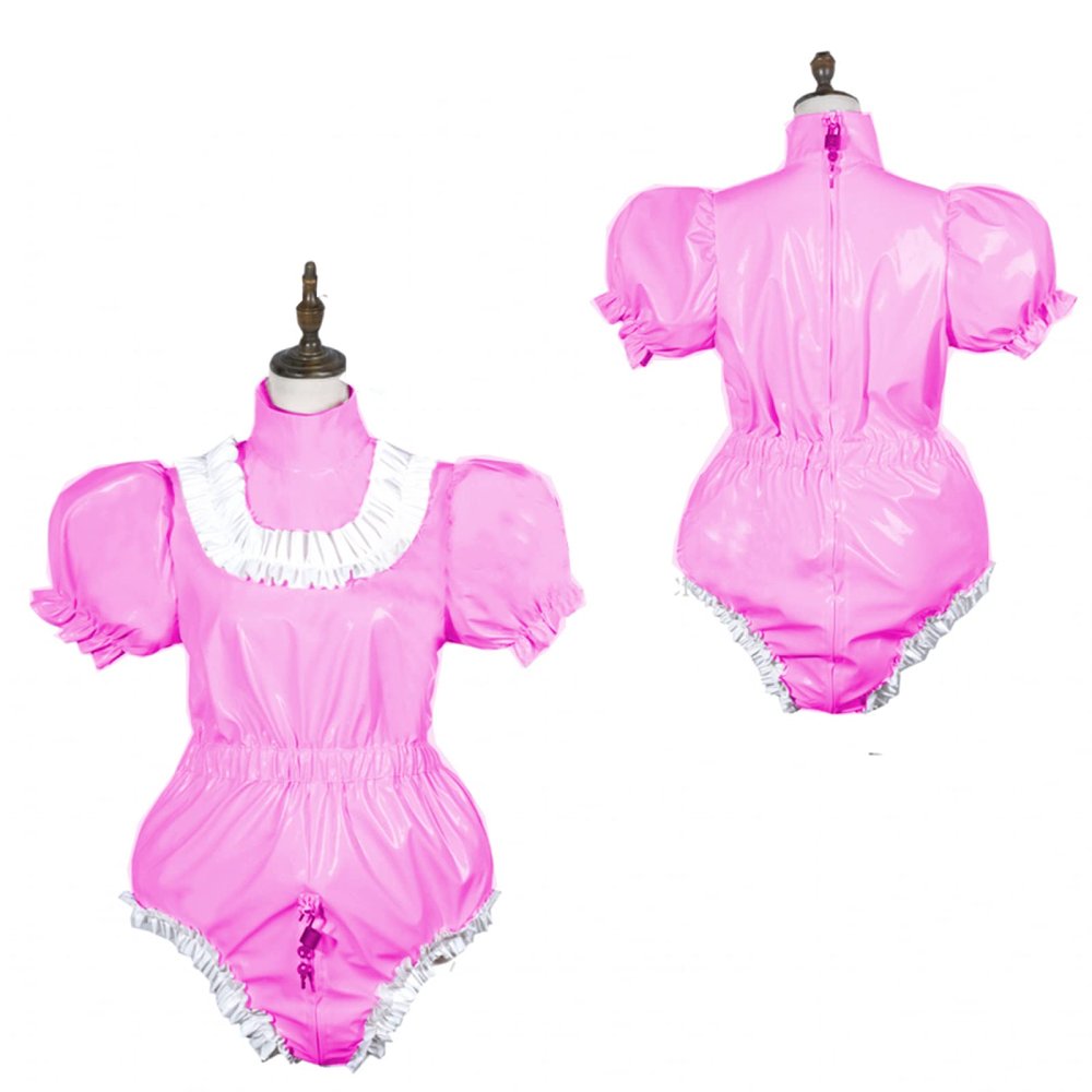 Shiny PVC Short-Sleeve Maid Dress Bodysuit, Lockable, Plus Size, Pink, XXXL