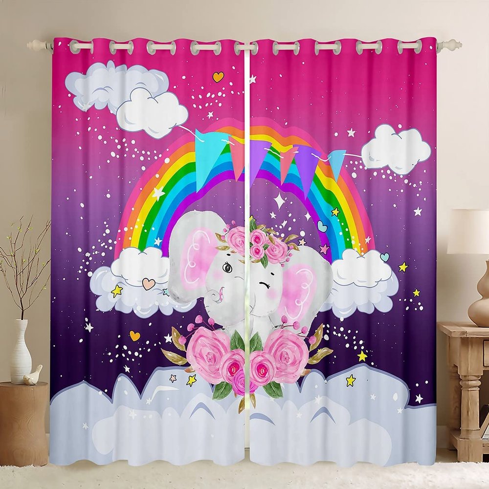 Rainbow Curtains for Kids, Cute Elephant Room-Darkening Curtains, 55 W x 69 L in, Cartoon Animal Galaxy Window Curtains, 2 Panels