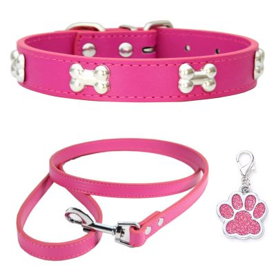 HALFSUMO Leather Dog Collar and Leash Combo Set, Adjustable, Rose, M