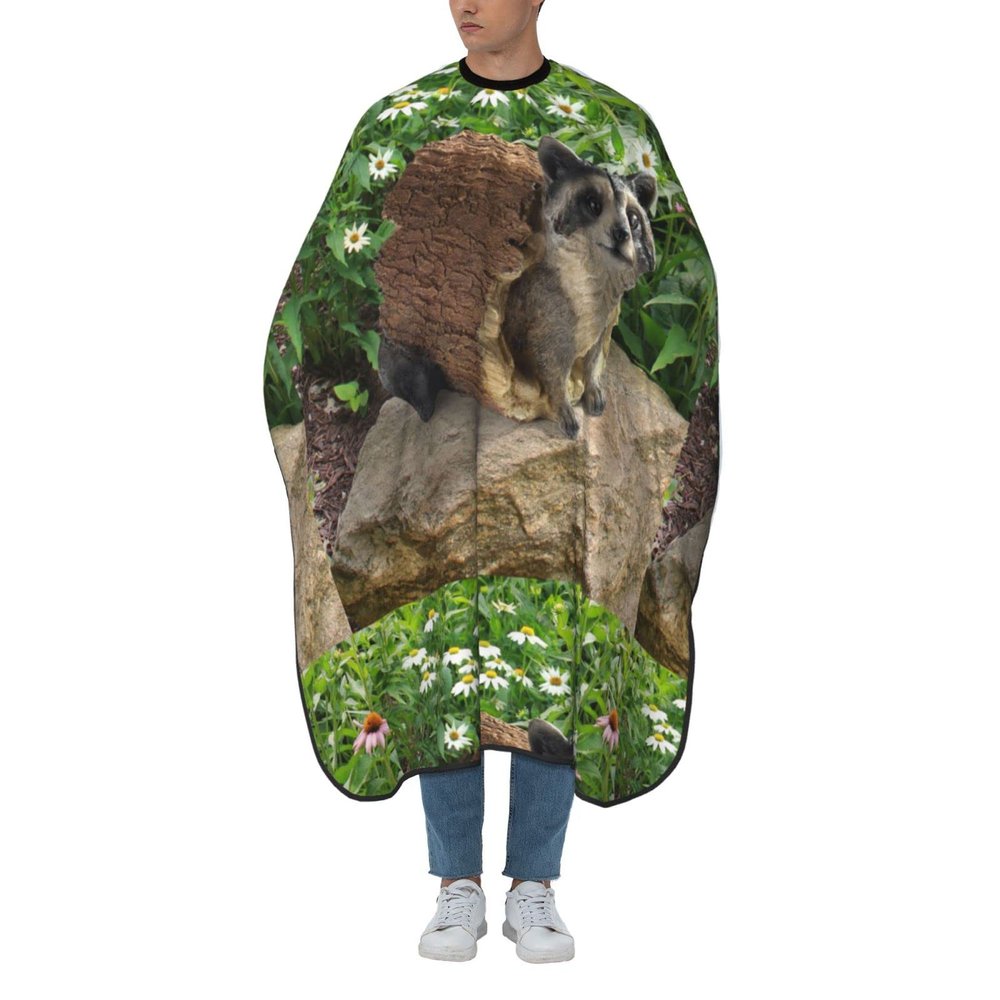 VUCEMI Raccoon Statue Print Haircut Cape, Waterproof, Adjustable Neck, White, One Size
