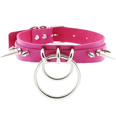 Wambere Gothic Punk Leather Choker with O-Ring and Spikes, Rose Red