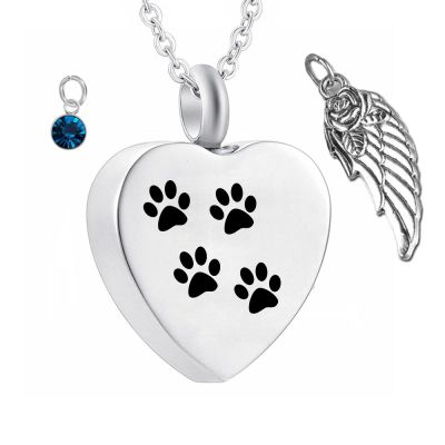 ZEZILE Angel Wing Memorial Ash Urn Necklace with Heart, Pet Paw Print and Birthstone
