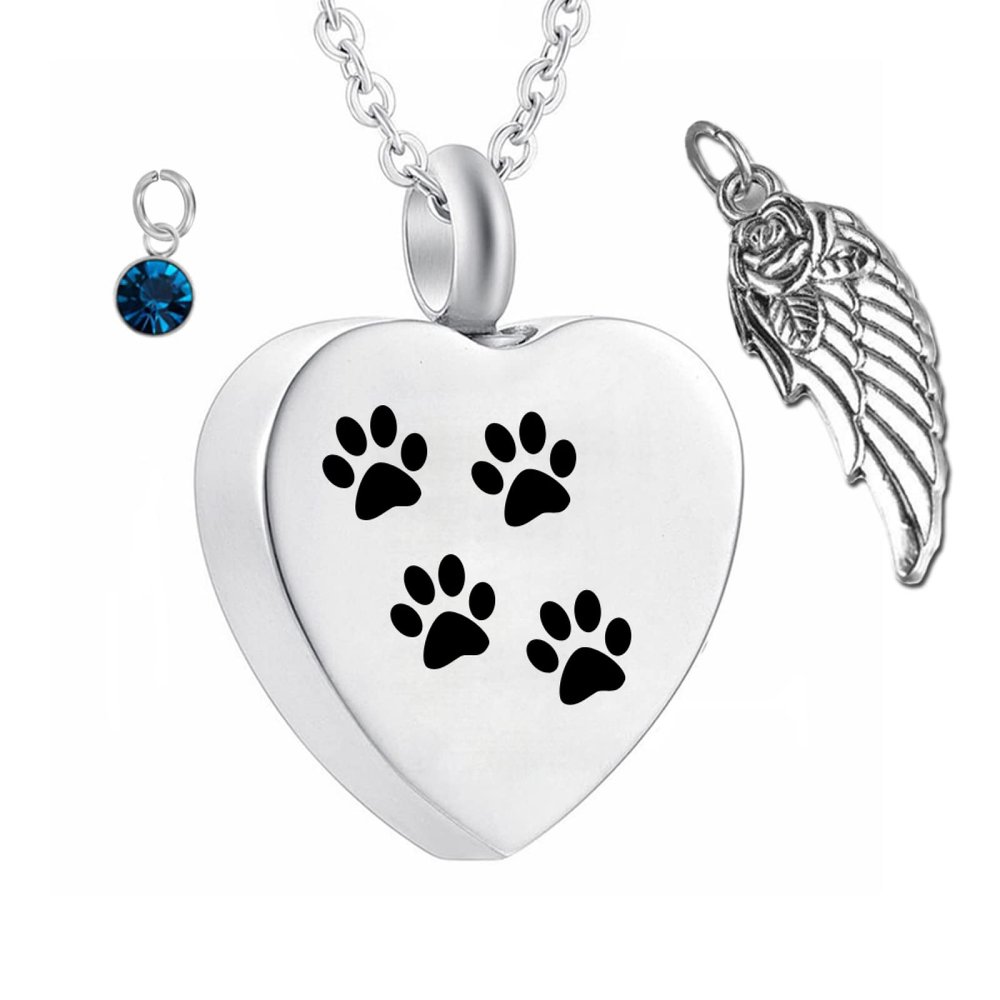 ZEZILE Angel Wing Memorial Ash Urn Necklace with Heart, Pet Paw Print and Birthstone