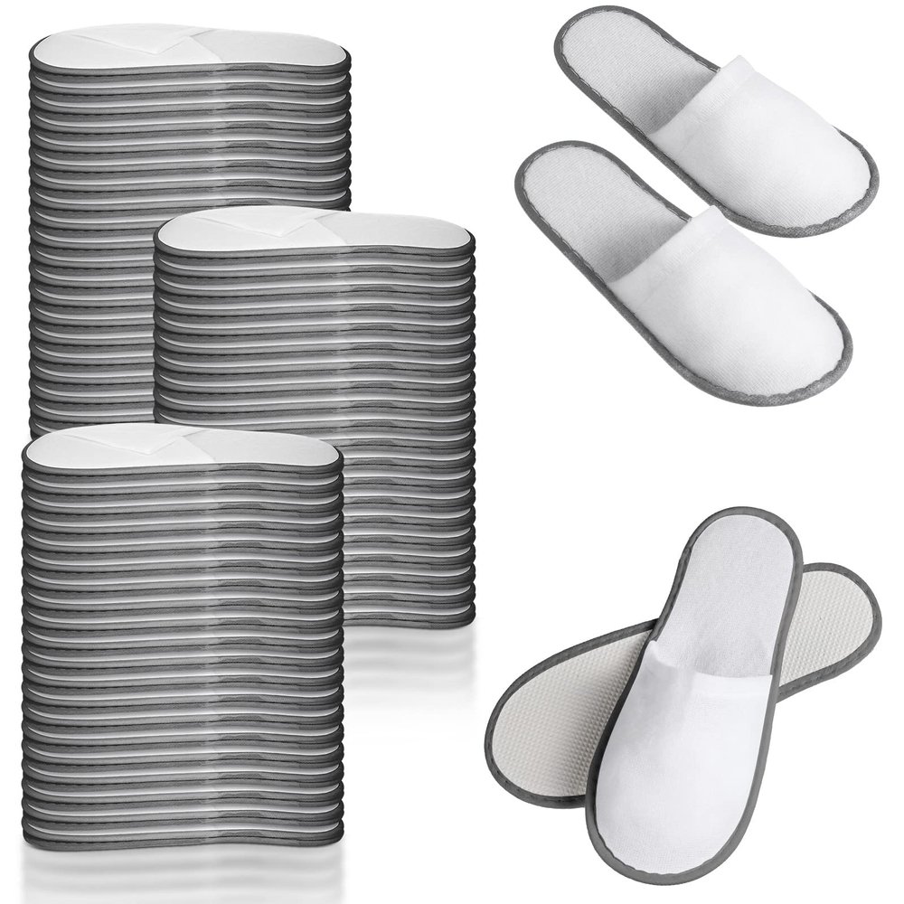 40 Pairs Disposable Spa Slippers, Non-Slip Hotel Slippers, Plush Closed-Toe, White and Gray, One Size Wide