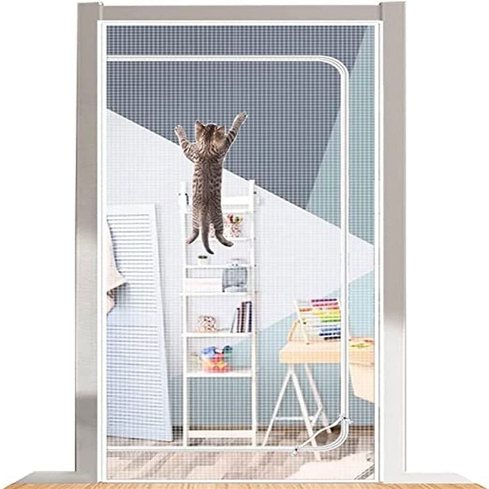 Pet Fly Screen Door, Mesh Curtain with Zipper and Velcro, White, 90 x 220 cm