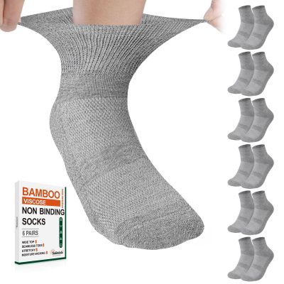 Bulinlulu Bamboo Viscose Diabetic Socks, 6 Pairs, Non-Binding Ankle Socks, Reinforced Toes, Gray, Large