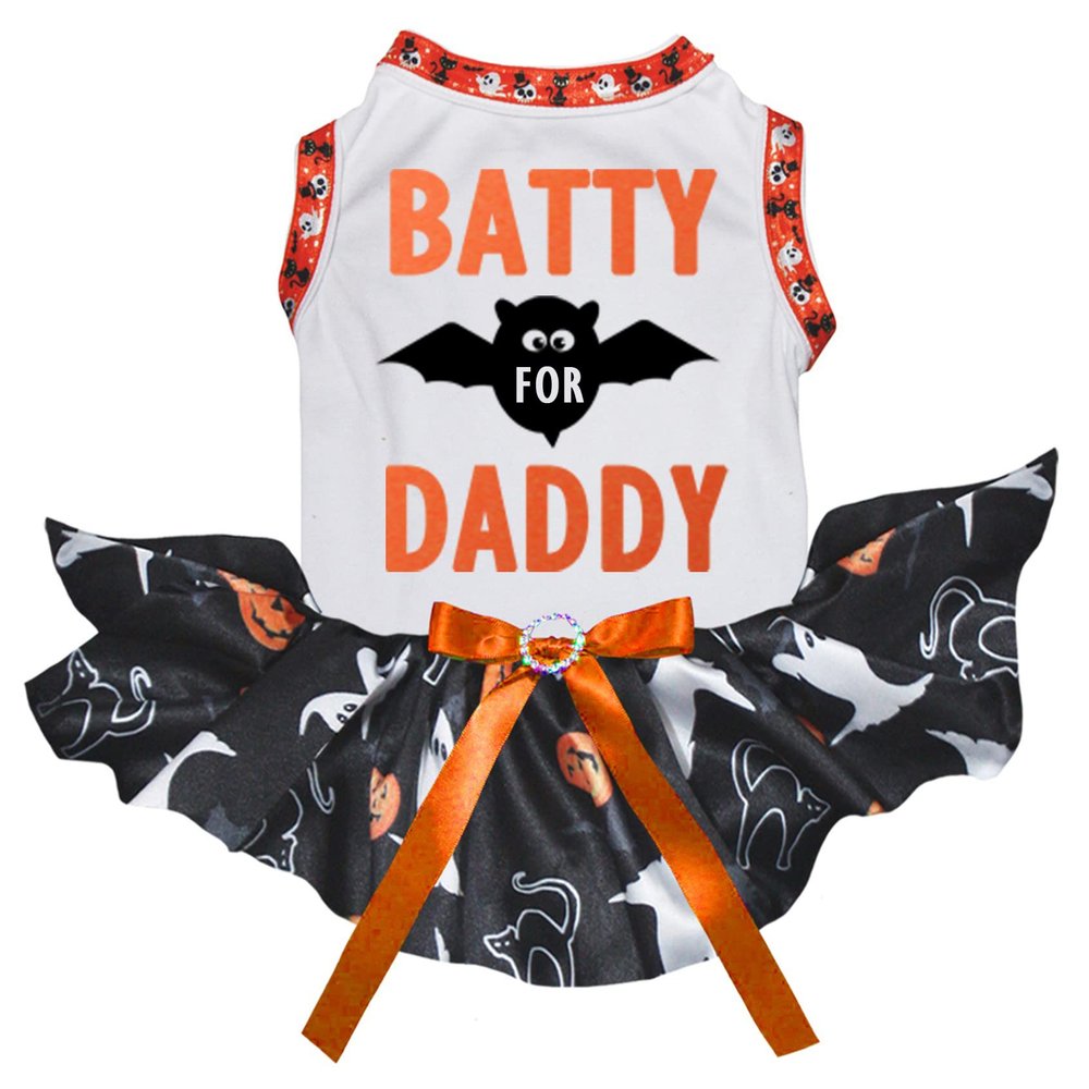 Petitebelle Batty For Daddy Dog Dress for Puppies, White/Halloween, Size S