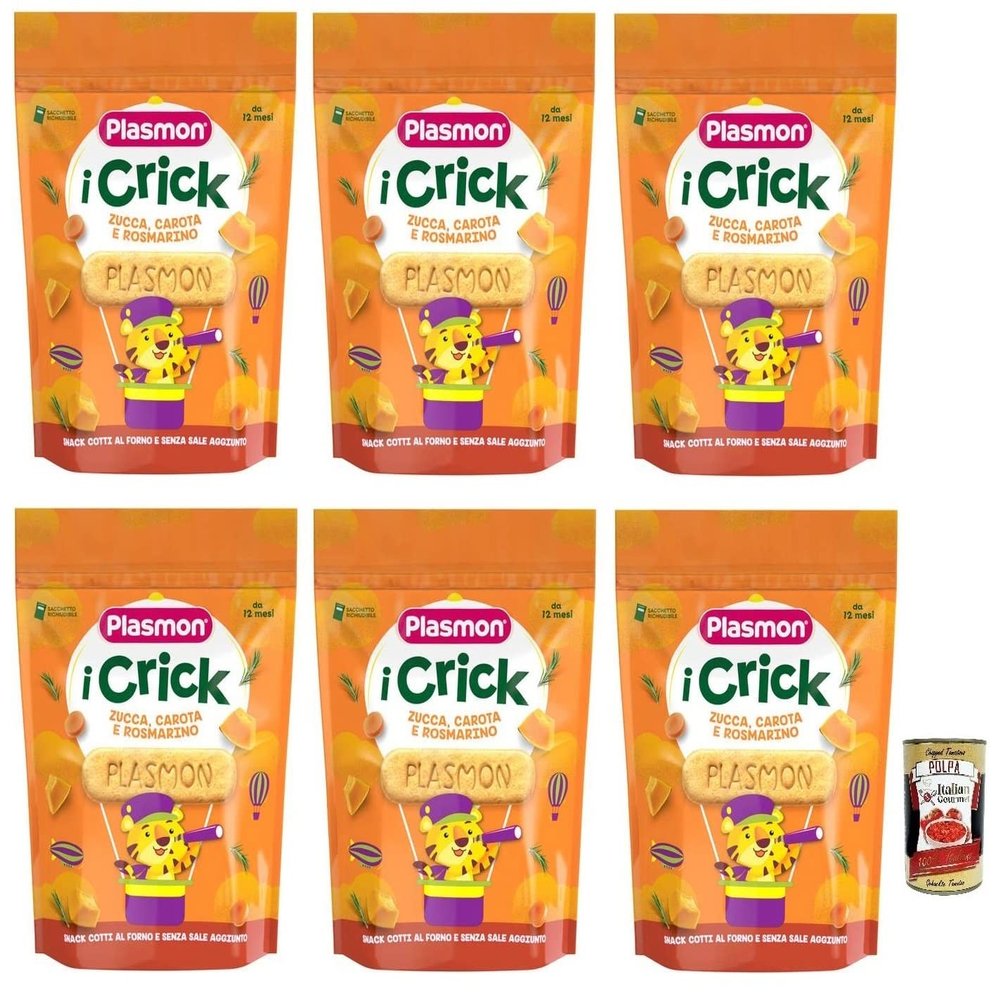 6x Plasmon i Crick Pumpkin, Carrot & Rosemary Snacks, 100 g Bags + Italian Gourmet Tomato Pulp, 400 g Can