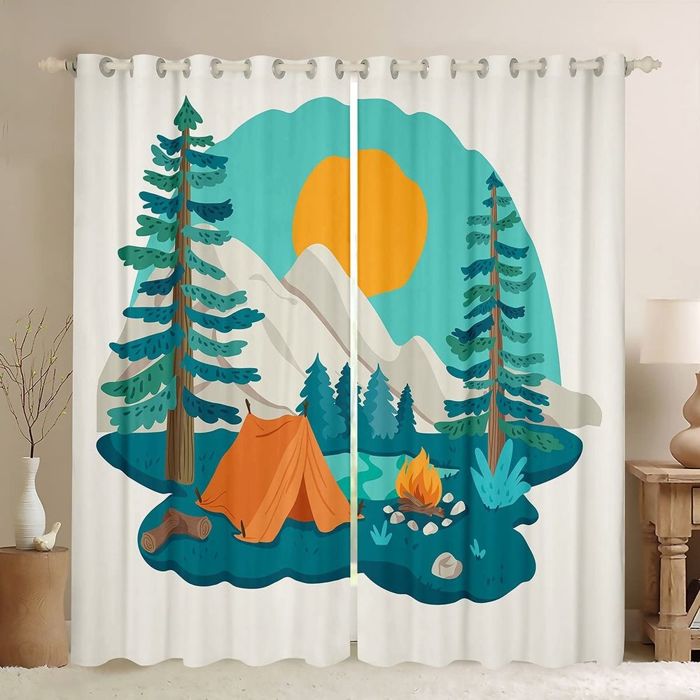 Happy Camping Blackout Curtains, Tent, Moon, Trees and Mountain Print, 2 Panels, M