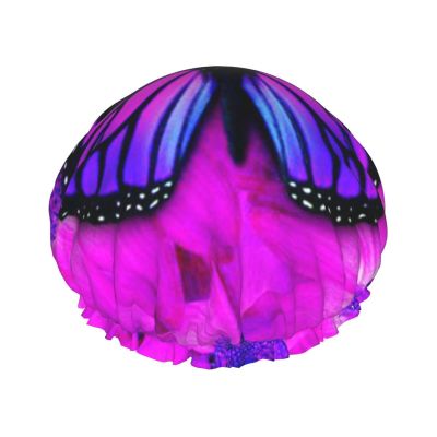 Reusable Shower Cap with Butterfly and Floral Print, Double-Layer Splash Protection, Large Size for All Hair Lengths