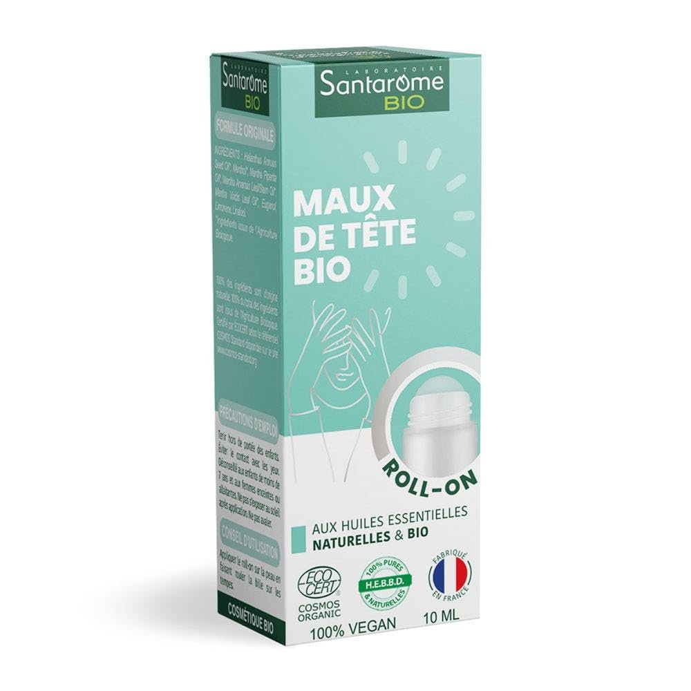 Santarome Bio Headache Roll-On, Peppermint & Spearmint, Made in France, 10 ml