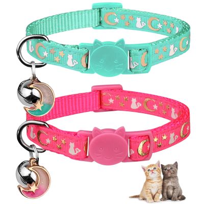 Baeuppit Cat Collars with Bell, Moon and Stars, Adjustable, Glow-in-the-Dark, Pink and Blue-Green, 2-Pack