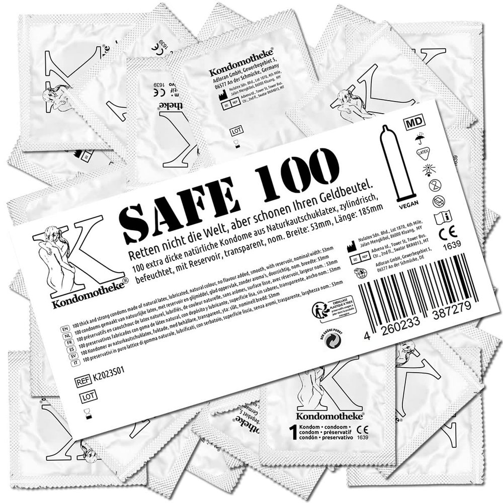 Kondomotheke SAFE Condoms, Thick-Walled, Tear-Resistant and Durable, High Quality, Suitable for Professional Use, Excellent Value, 1 x 100 Count