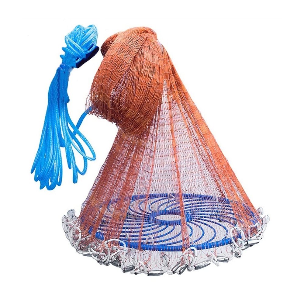 SISWIM Cast Fishing Net with Steel Attachment, Braided Nylon Line, and Large Blue Plastic Ring (Color: 240)
