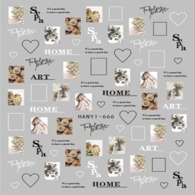 Geometric Line Nail Stickers, Black and White, Love, Squares and Letters, Han666