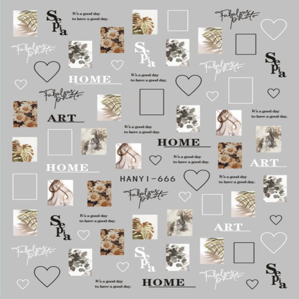Geometric Line Nail Stickers, Black and White, Love, Squares and Letters, Han666