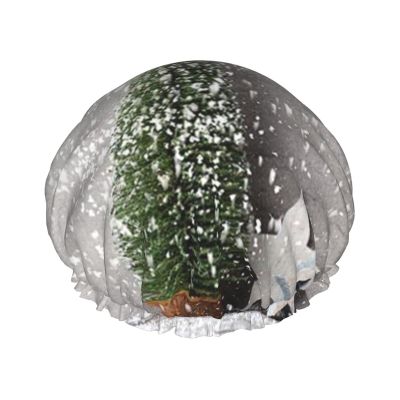 Snow Pine Tree Printed Double-Layer Waterproof Reusable Shower Cap