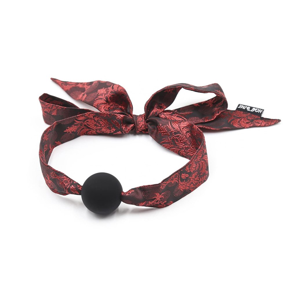 Red Tie with Classic Pattern and Black Solid Silicone Ball Gag