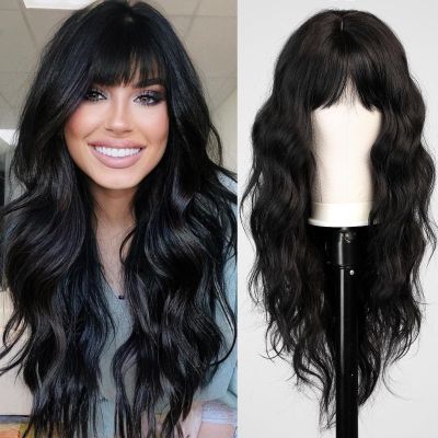 HAIRCUBE Black Long Wavy Wig with Bangs for Women