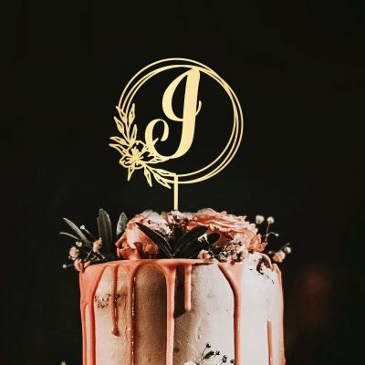 Rimego Monogram Cake Topper, Floral Pattern, Letter J, Gold