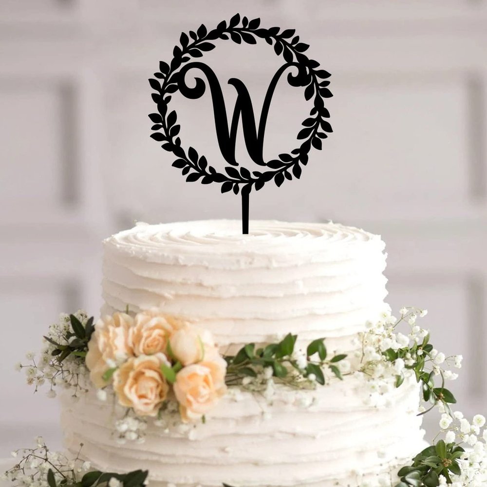 Rimego Monogram Wedding Cake Topper, Custom Letter, Wreath Initial W, Black
