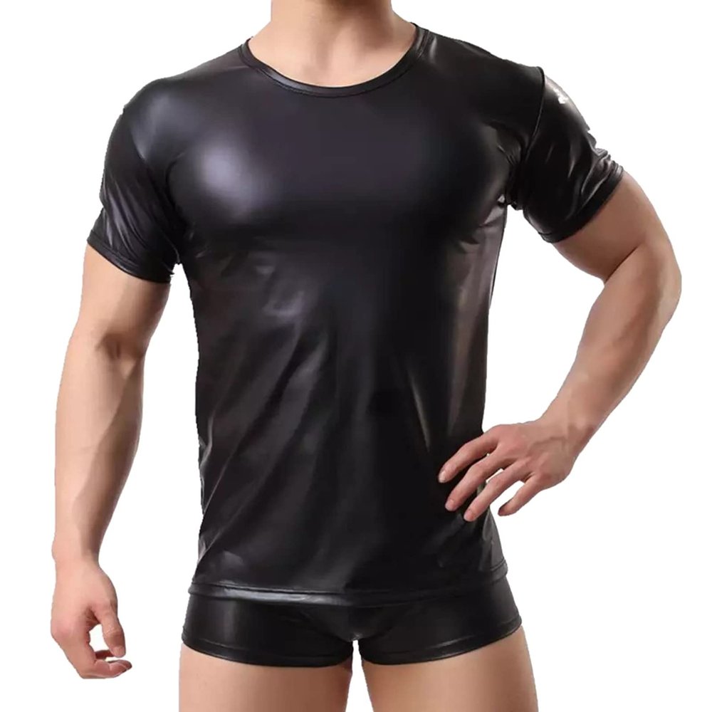 Men's Black Leather-Look Latex T-Shirt, Slim Fit