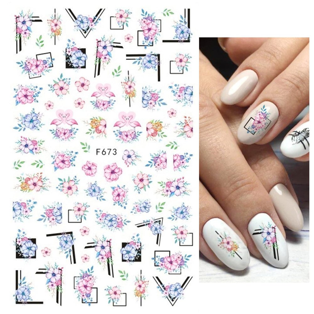 Nail Art Black Geometric Lines, Leaves and Flowers Self-Adhesive Nail Stickers, F673
