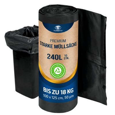 Toneco STRONG Trash Bags 240 L - 500 Bags - 100 x 125 cm - Tear-Resistant & Leakproof - Garden, Household, Industrial - (10 to 500 Bags) (500)