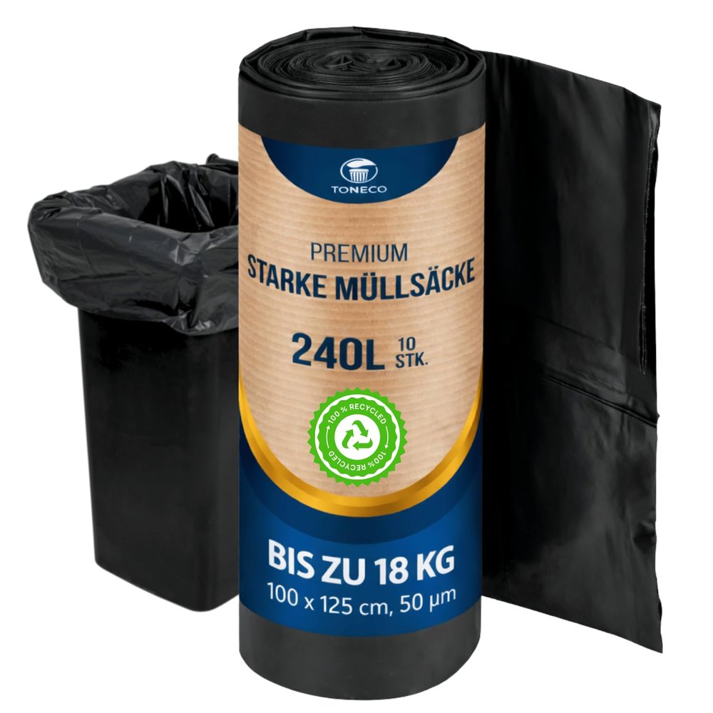 Toneco STRONG Trash Bags 240 L - 500 Bags - 100 x 125 cm - Tear-Resistant & Leakproof - Garden, Household, Industrial - (10 to 500 Bags) (500)