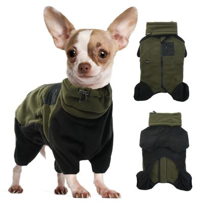 DENTRUN Dog Coat for Small Dogs, Warm Fleece Onesie with Legs and Snood, Army Green, S