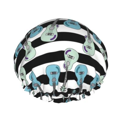 Ukulele-Pattern Shower Cap for Women, Reusable Double-Layer Cap with Elastic Band for Long Hair, Adults and Children
