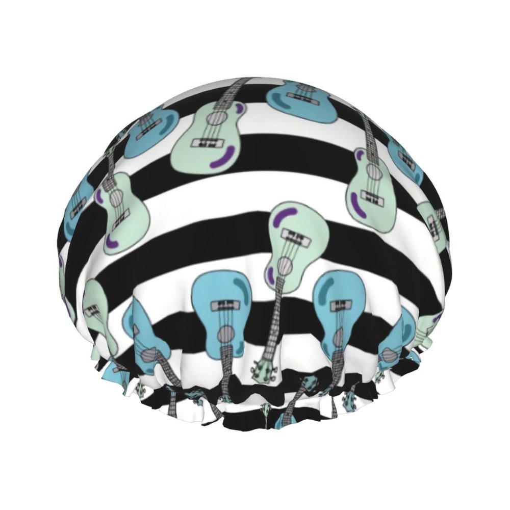 Ukulele-Pattern Shower Cap for Women, Reusable Double-Layer Cap with Elastic Band for Long Hair, Adults and Children