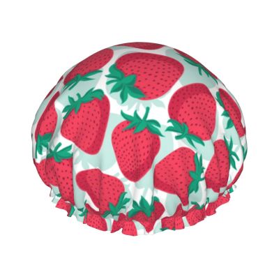 Cute Strawberry and Green Leaf Pattern Shower Cap for Women, Reusable, Long-Hair Cap with Elastic Band, Double-Layer Shower Cap for Adults and Children