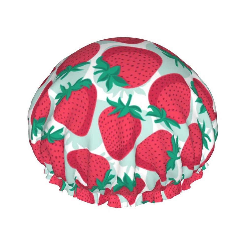 Cute Strawberry and Green Leaf Pattern Shower Cap for Women, Reusable, Long-Hair Cap with Elastic Band, Double-Layer Shower Cap for Adults and Children