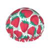 Cute Strawberry and Green Leaf Pattern Shower Cap for Women, Reusable, Long-Hair Cap with Elastic Band, Double-Layer Shower Cap for Adults and Children view 1