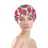 Cute Strawberry and Green Leaf Pattern Shower Cap for Women, Reusable, Long-Hair Cap with Elastic Band, Double-Layer Shower Cap for Adults and Children view 3
